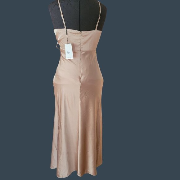 Hello Molly Satin Midi Dress Sz S US 4 Beige Sleeveless V-Neck Ruched Design NWT - Picture 4 of 6